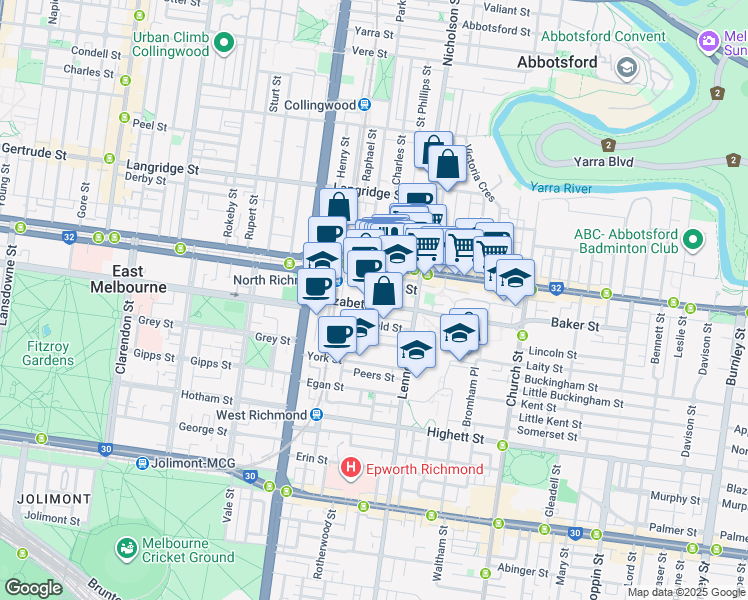 map of restaurants, bars, coffee shops, grocery stores, and more near 51 Elizabeth Street in Richmond