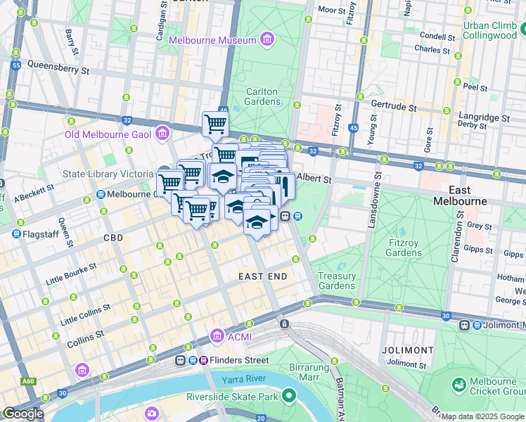 map of restaurants, bars, coffee shops, grocery stores, and more near 16 Liverpool Street in Melbourne
