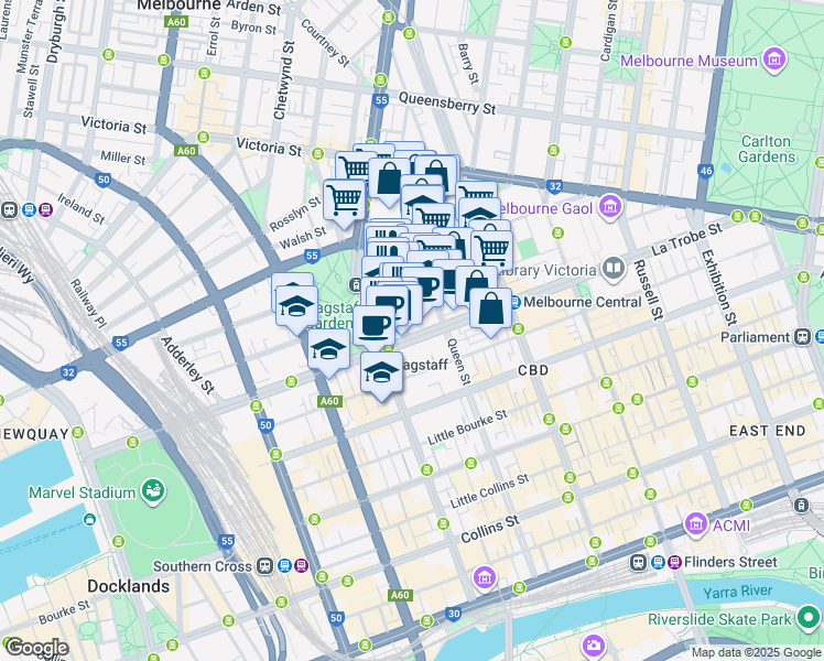 map of restaurants, bars, coffee shops, grocery stores, and more near 398 La Trobe Street in Melbourne