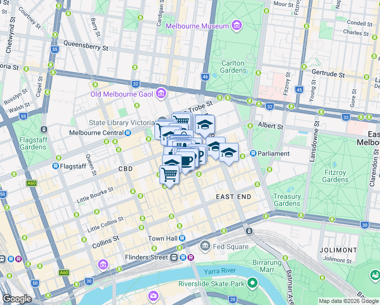 map of restaurants, bars, coffee shops, grocery stores, and more near 222 Russell Street in Melbourne