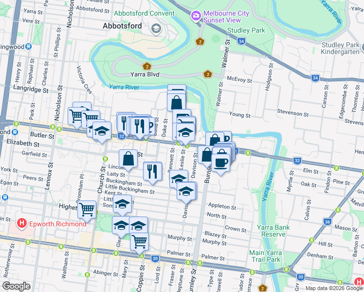 map of restaurants, bars, coffee shops, grocery stores, and more near 470 Victoria Street in Richmond