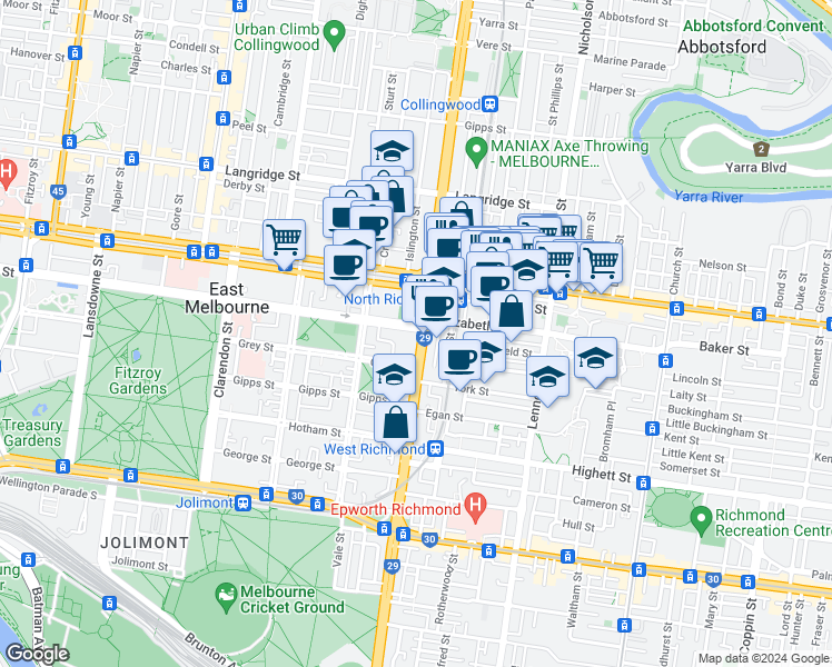 map of restaurants, bars, coffee shops, grocery stores, and more near 1235 Hoddle Street in East Melbourne