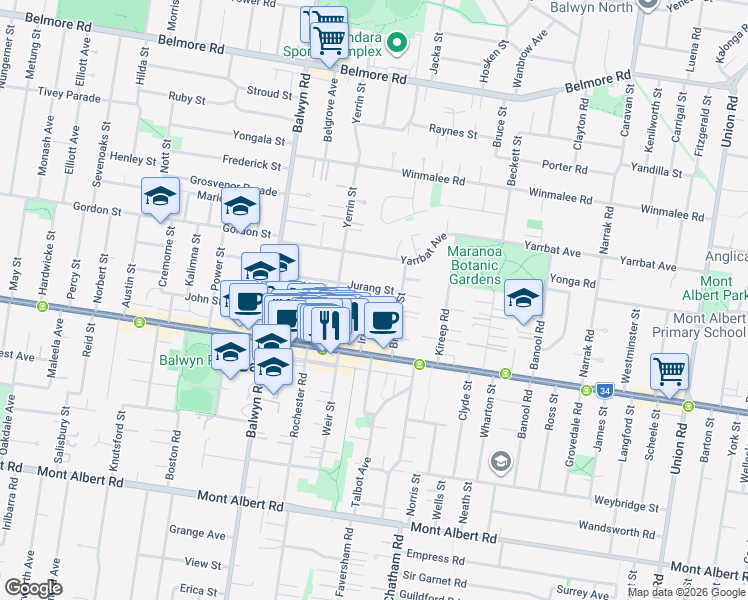 map of restaurants, bars, coffee shops, grocery stores, and more near 16 Iramoo Street in Balwyn