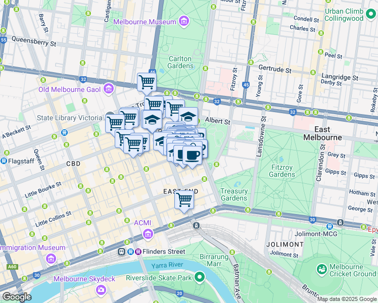 map of restaurants, bars, coffee shops, grocery stores, and more near 45 Bourke Street in Melbourne