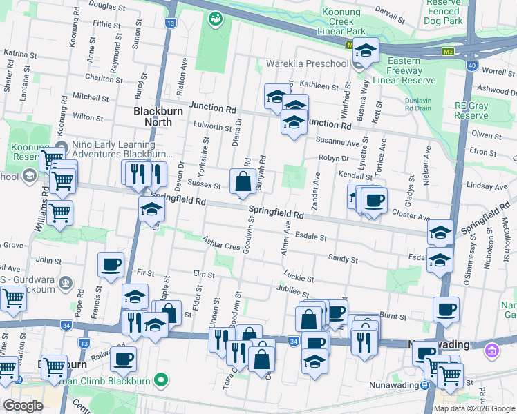 map of restaurants, bars, coffee shops, grocery stores, and more near 225 Springfield Road in Blackburn North