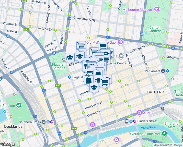map of restaurants, bars, coffee shops, grocery stores, and more near 318 Little Lonsdale Street in Melbourne