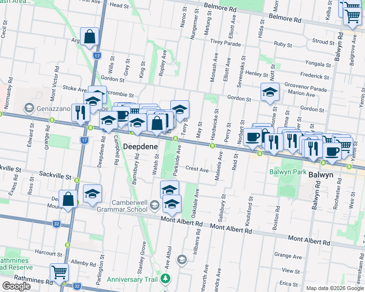 map of restaurants, bars, coffee shops, grocery stores, and more near 130 Whitehorse Road in Deepdene