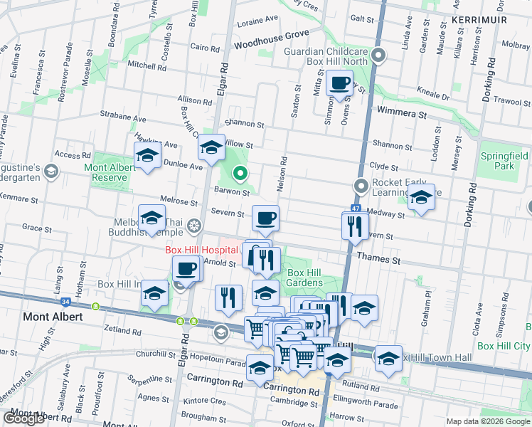 map of restaurants, bars, coffee shops, grocery stores, and more near 94 Severn Street in Box Hill North