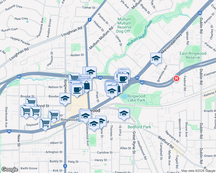map of restaurants, bars, coffee shops, grocery stores, and more near 12 Bardia Street in Ringwood
