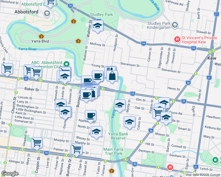 map of restaurants, bars, coffee shops, grocery stores, and more near 13 Acacia Place in Abbotsford