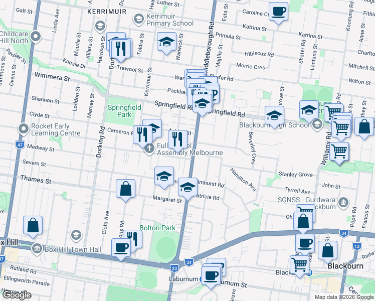 map of restaurants, bars, coffee shops, grocery stores, and more near 483 Middleborough Road in Box Hill North