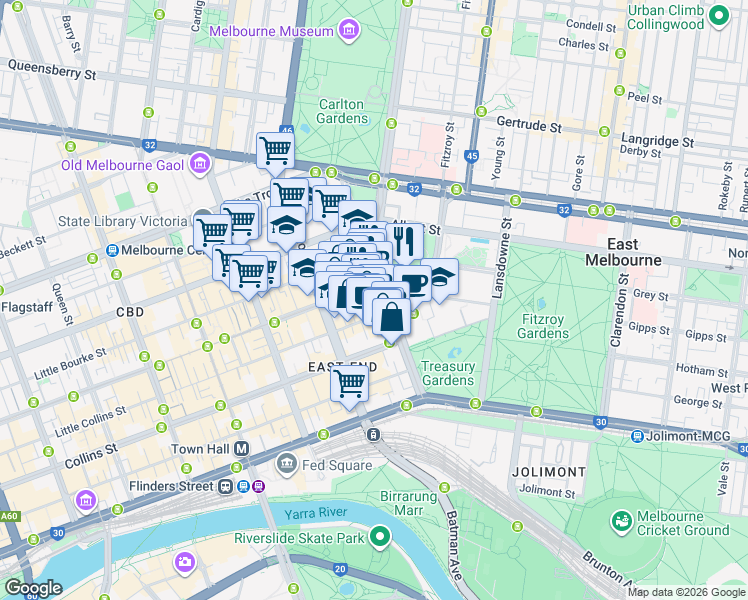 map of restaurants, bars, coffee shops, grocery stores, and more near 111 Spring Street in Melbourne
