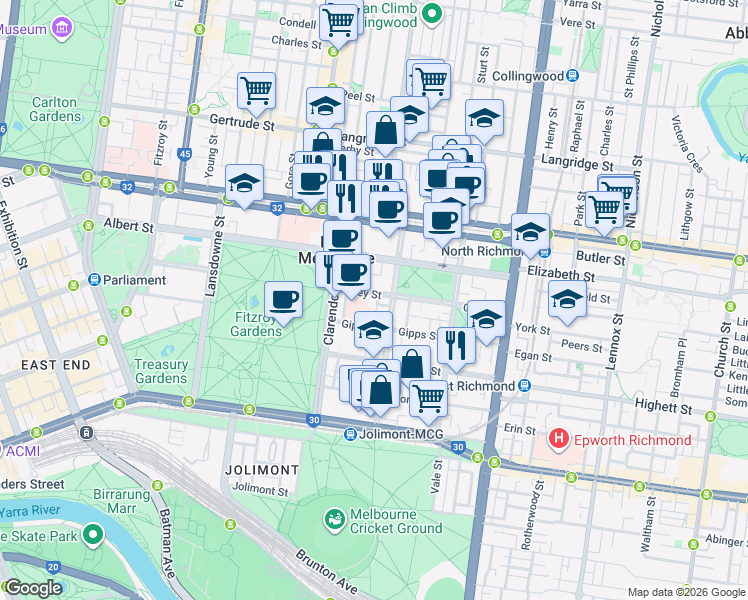 map of restaurants, bars, coffee shops, grocery stores, and more near 127 Grey Street in St Kilda