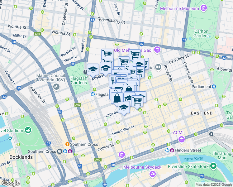 map of restaurants, bars, coffee shops, grocery stores, and more near 272 Queen Street in Melbourne