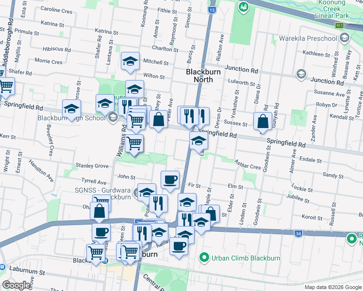map of restaurants, bars, coffee shops, grocery stores, and more near 5 Cootamundra Crescent in Blackburn
