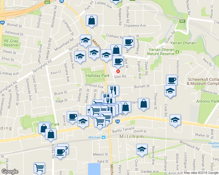 map of restaurants, bars, coffee shops, grocery stores, and more near 1A Burnett Street in Mitcham