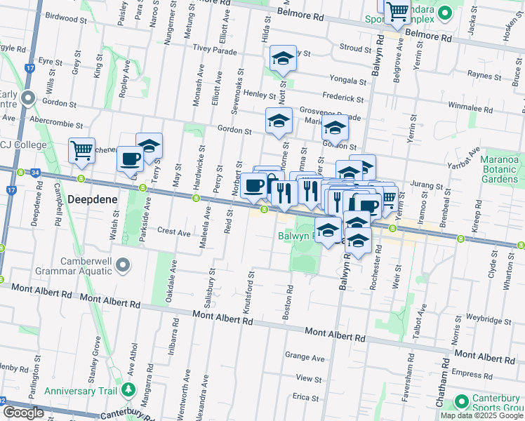 map of restaurants, bars, coffee shops, grocery stores, and more near 188 Whitehorse Road in Balwyn