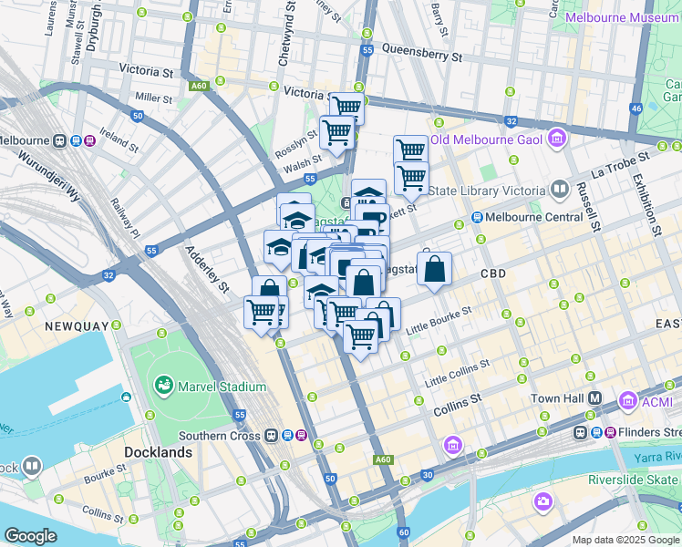 map of restaurants, bars, coffee shops, grocery stores, and more near 469 La Trobe Street in Melbourne