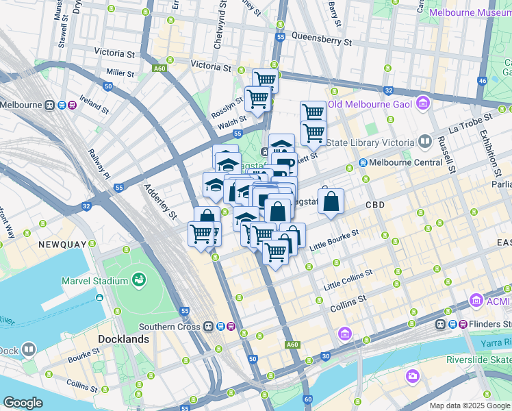 map of restaurants, bars, coffee shops, grocery stores, and more near 485 La Trobe Street in Melbourne