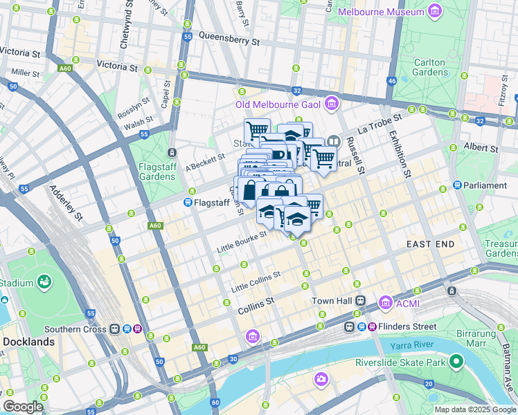 map of restaurants, bars, coffee shops, grocery stores, and more near 388 Lonsdale Street in Melbourne