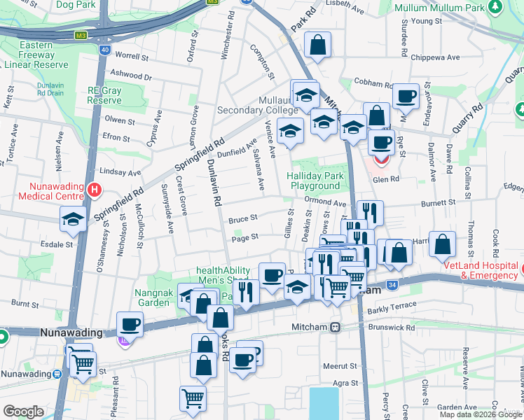 map of restaurants, bars, coffee shops, grocery stores, and more near 23 Bruce Street in Mitcham