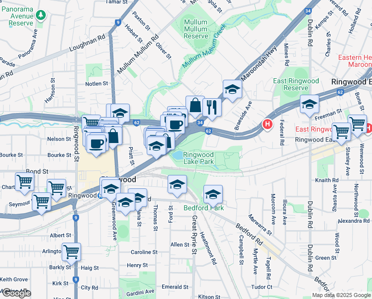 map of restaurants, bars, coffee shops, grocery stores, and more near 172 Maroondah Highway in Ringwood