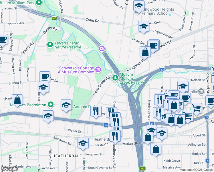 map of restaurants, bars, coffee shops, grocery stores, and more near 8 Warnes Road in Mitcham