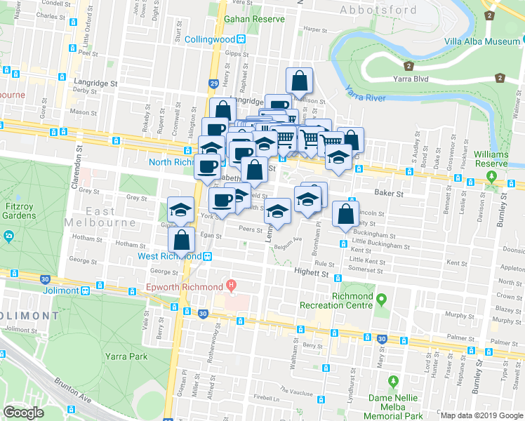 map of restaurants, bars, coffee shops, grocery stores, and more near 40 Smith Street in Richmond