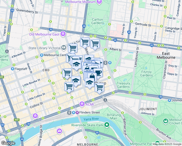 map of restaurants, bars, coffee shops, grocery stores, and more near 121 Exhibition Street in Melbourne