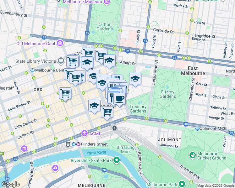 map of restaurants, bars, coffee shops, grocery stores, and more near 85 Spring Street in Melbourne