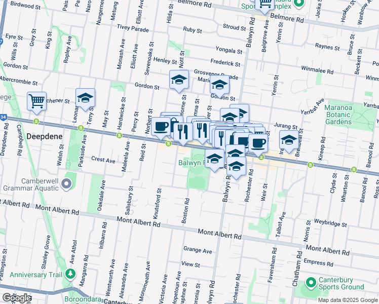 map of restaurants, bars, coffee shops, grocery stores, and more near 206 Whitehorse Road in Balwyn
