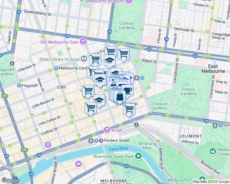 map of restaurants, bars, coffee shops, grocery stores, and more near 111 Bourke Street in Melbourne