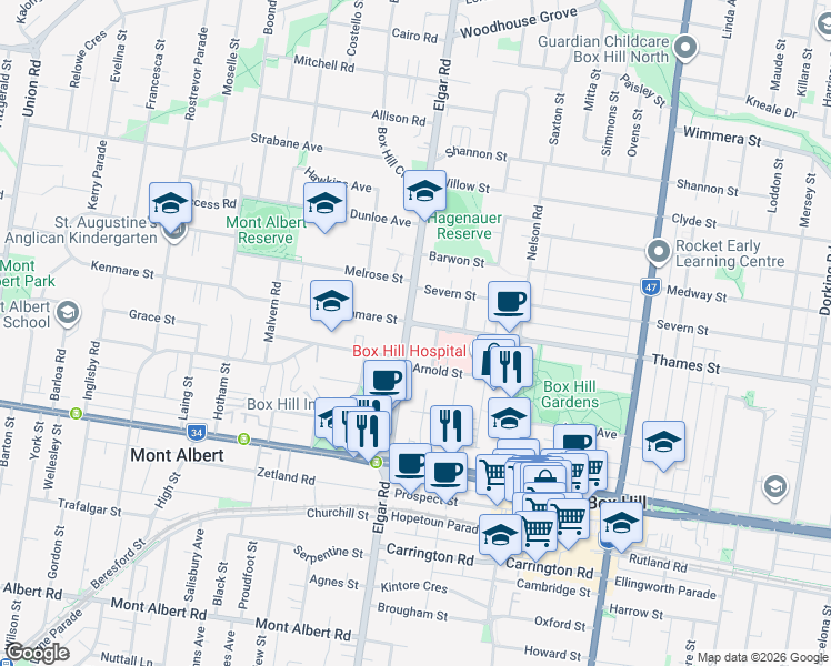 map of restaurants, bars, coffee shops, grocery stores, and more near 490 Elgar Road in Box Hill