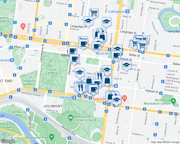 map of restaurants, bars, coffee shops, grocery stores, and more near 80 Gipps Street in East Melbourne