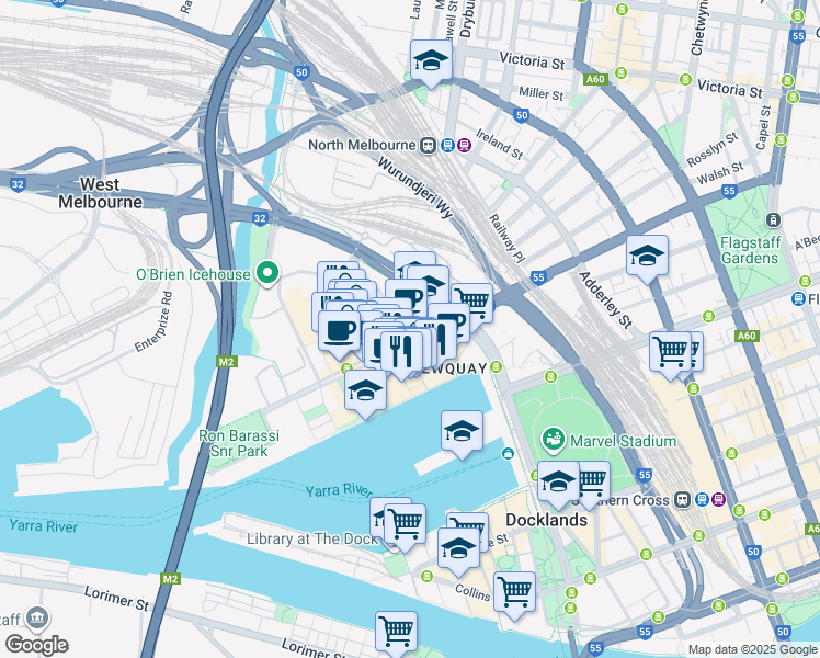 map of restaurants, bars, coffee shops, grocery stores, and more near 380 Docklands Drive in Docklands
