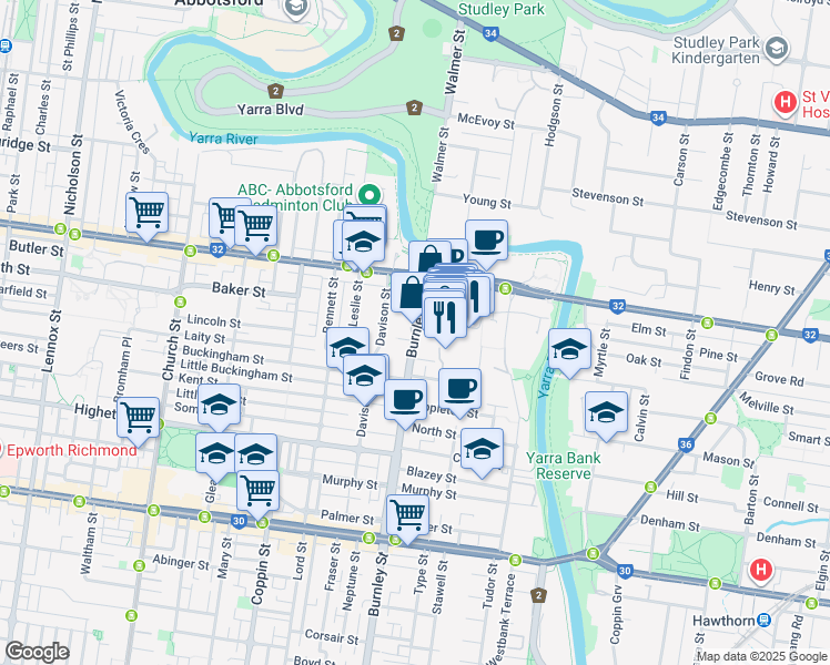 map of restaurants, bars, coffee shops, grocery stores, and more near 51 Burnley Street in Richmond