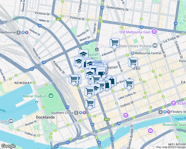 map of restaurants, bars, coffee shops, grocery stores, and more near 485 La Trobe Street in Melbourne