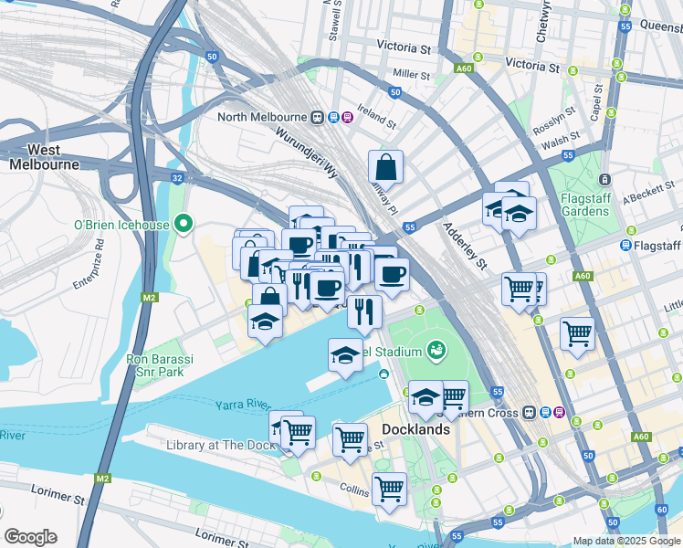 map of restaurants, bars, coffee shops, grocery stores, and more near 241 Harbour Esplanade in Docklands