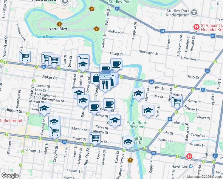 map of restaurants, bars, coffee shops, grocery stores, and more near 620 Victoria Street in Richmond