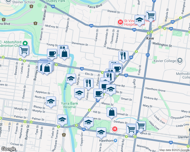 map of restaurants, bars, coffee shops, grocery stores, and more near 30 Elm Street in Hawthorn
