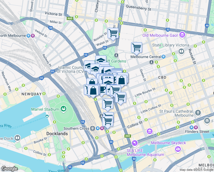 map of restaurants, bars, coffee shops, grocery stores, and more near 305 King Street in Melbourne