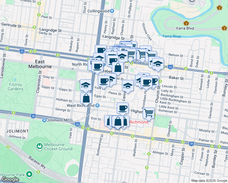 map of restaurants, bars, coffee shops, grocery stores, and more near 72 York Street in Richmond