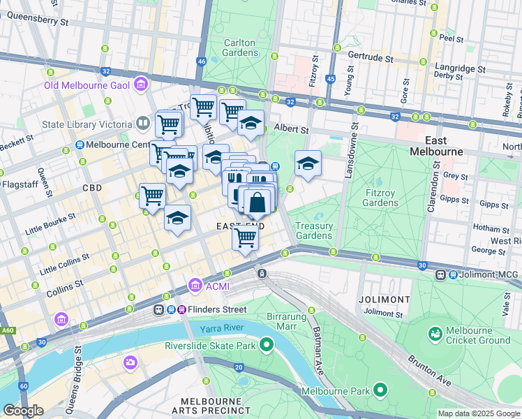 map of restaurants, bars, coffee shops, grocery stores, and more near 24 Collins Street in Melbourne