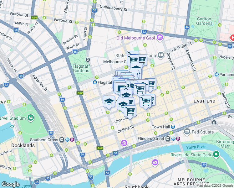 map of restaurants, bars, coffee shops, grocery stores, and more near 441 Lonsdale Street in Melbourne