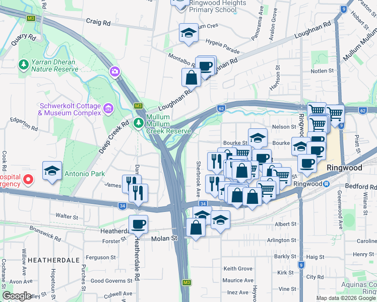map of restaurants, bars, coffee shops, grocery stores, and more near 28 Burwood Avenue in Ringwood
