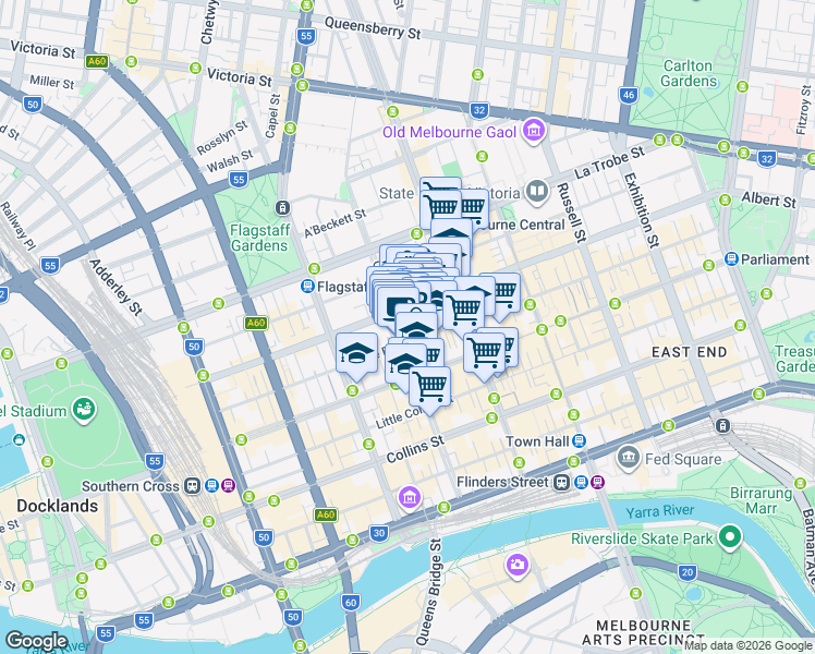 map of restaurants, bars, coffee shops, grocery stores, and more near 200 Queen Street in Melbourne