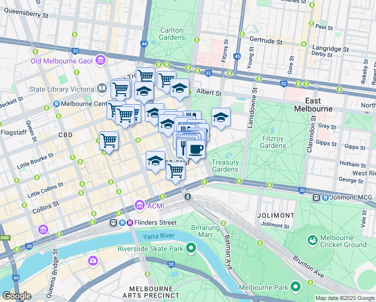 map of restaurants, bars, coffee shops, grocery stores, and more near 24 Collins Street in Melbourne