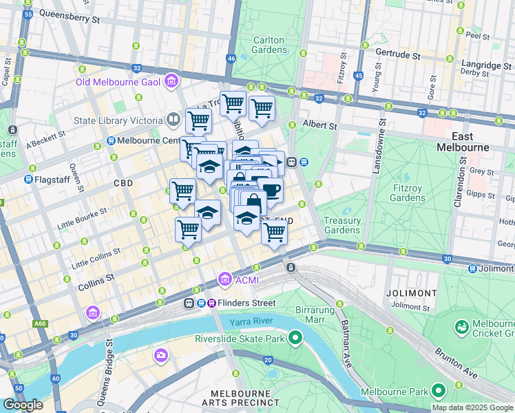 map of restaurants, bars, coffee shops, grocery stores, and more near 80 Collins Street in Melbourne
