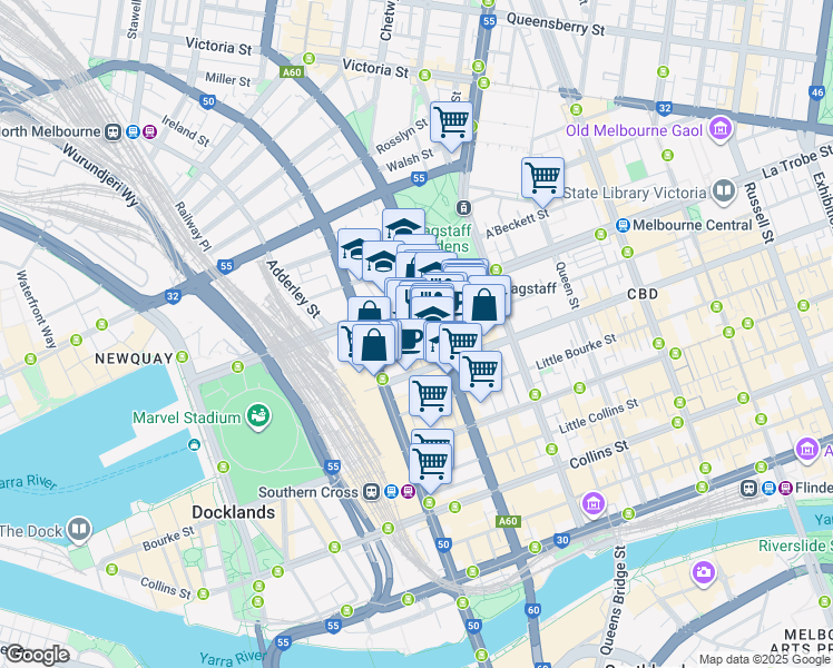 map of restaurants, bars, coffee shops, grocery stores, and more near 1 Nicholson Place in Melbourne