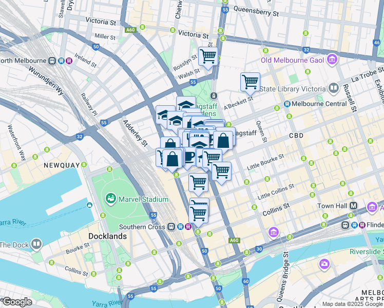 map of restaurants, bars, coffee shops, grocery stores, and more near 1 Nicholson Place in Melbourne